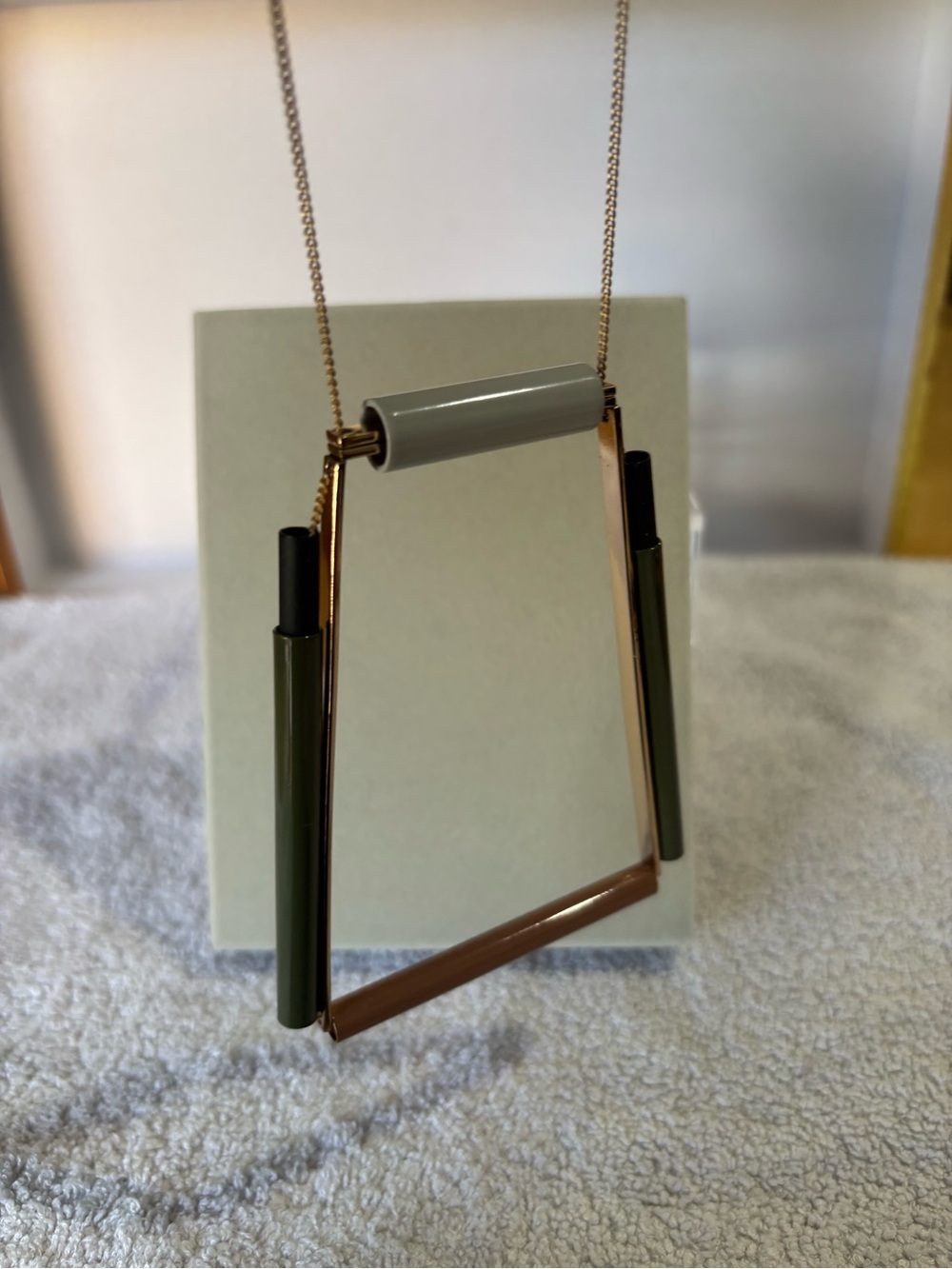 Rose gold Geometric Pendant Necklace with Olive and Taupe Accents